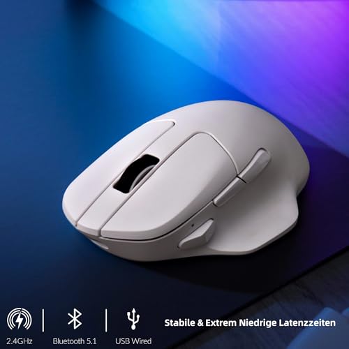 Keychron M7 Kabellose Optische Maus, 2.4G/Bluetooth/Kabelgebunden Ergonomisches Design Leichtgewicht 63g Anpassung Makrotaste (Weiß) Bild 3