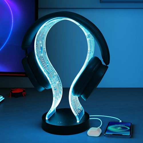 Ammonite Light Up Headphone Stand, 16 Farbe leuchtet Gaming Schreibtisch Accessoire mit 1 USB-Ladeanschluss und 1 Typ-C-Ladeanschlüsse, USB-Power und PCB-Muster, Geschenke für Gamer Freund Junge Mann Bild 1