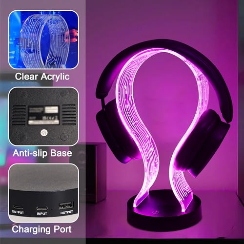 Ammonite Light Up Headphone Stand, 16 Farbe leuchtet Gaming Schreibtisch Accessoire mit 1 USB-Ladeanschluss und 1 Typ-C-Ladeanschlüsse, USB-Power und PCB-Muster, Geschenke für Gamer Freund Junge Mann Bild 6