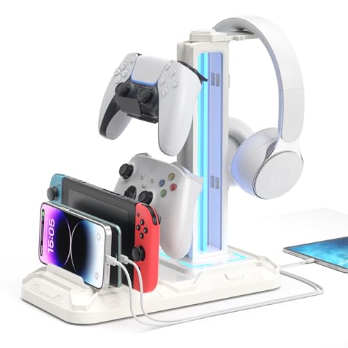KDD Headset Halterung Led mit Ladestation - PS5 Controller Halter & Kopfhörer Ständer Tisch mit 9 Lichtmodi und 2 USB 1 Typ-C Anschlüssen - Gaming Controller Halterung für PC Gaming Accessories Bild 1