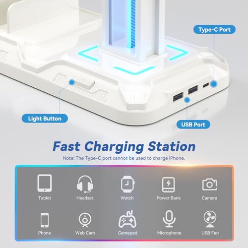 KDD Headset Halterung Led mit Ladestation - PS5 Controller Halter & Kopfhörer Ständer Tisch mit 9 Lichtmodi und 2 USB 1 Typ-C Anschlüssen - Gaming Controller Halterung für PC Gaming Accessories Bild 3