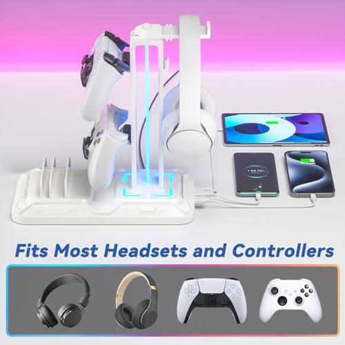 KDD Headset Halterung Led mit Ladestation - PS5 Controller Halter & Kopfhörer Ständer Tisch mit 9 Lichtmodi und 2 USB 1 Typ-C Anschlüssen - Gaming Controller Halterung für PC Gaming Accessories Bild 6