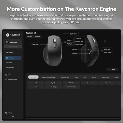 Keychron M6 Wireless Bluetooth/2.4 GHz/Kabelgebundene Optische Maus,1000Hz Leichtgewicht 86g Programmierbarer PixArt 3395 Sensor 26K DPI/ 650 IPS Für Windows Mac Linux (Schwarz) Bild 4