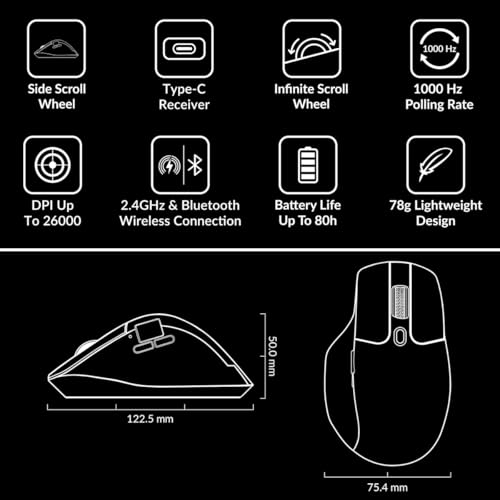 Keychron M6 Wireless Bluetooth/2.4 GHz/Kabelgebundene Optische Maus,1000Hz Leichtgewicht 86g Programmierbarer PixArt 3395 Sensor 26K DPI/ 650 IPS Für Windows Mac Linux (Schwarz) Bild 6