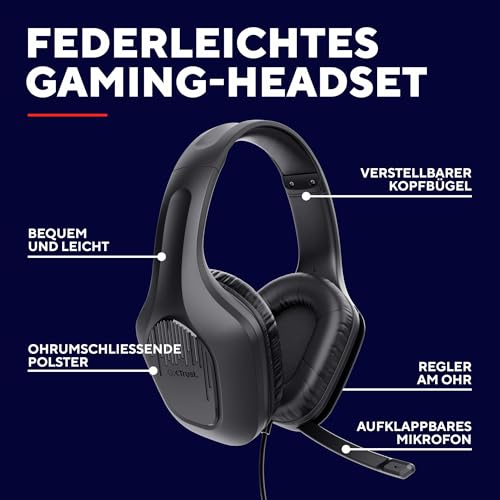 Trust Gaming GXT 418 Rayne Leichtes Gaming Headset für PC Xbox PS4 PS5 Switch Mobile, 50-mm-Treiber, 2-m-Kabel, 3,5-mm-Audioanschluss, Over-Ear Kopfhörer mit Kabel, Schwarz Bild 2