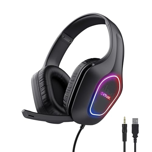 Trust Gaming GXT 419 Rayne Leichtes Gaming Headset für PC/Konsole, USB-betriebene LED Beleuchtung, 50-mm-Treiber, 3,5 mm Audioanschluss, Over-Ear Kopfhörer mit Kabel Computer Laptop, Schwarz Bild 1