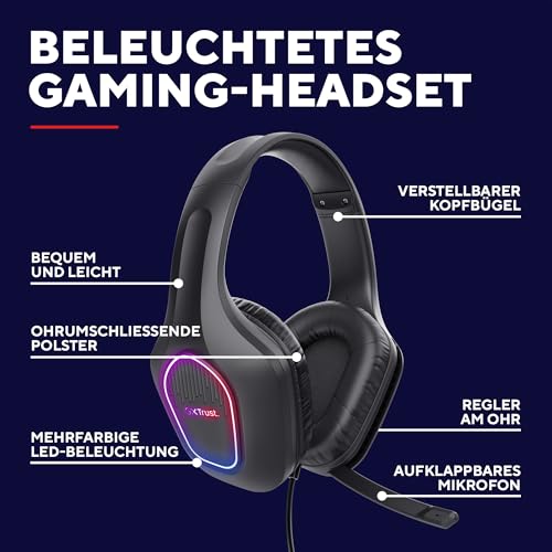 Trust Gaming GXT 419 Rayne Leichtes Gaming Headset für PC/Konsole, USB-betriebene LED Beleuchtung, 50-mm-Treiber, 3,5 mm Audioanschluss, Over-Ear Kopfhörer mit Kabel Computer Laptop, Schwarz Bild 2