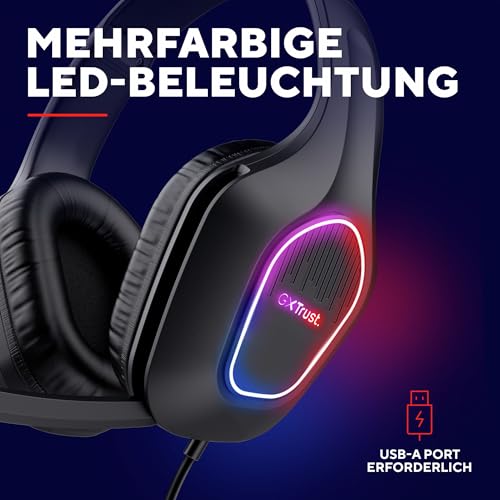 Trust Gaming GXT 419 Rayne Leichtes Gaming Headset für PC/Konsole, USB-betriebene LED Beleuchtung, 50-mm-Treiber, 3,5 mm Audioanschluss, Over-Ear Kopfhörer mit Kabel Computer Laptop, Schwarz Bild 3