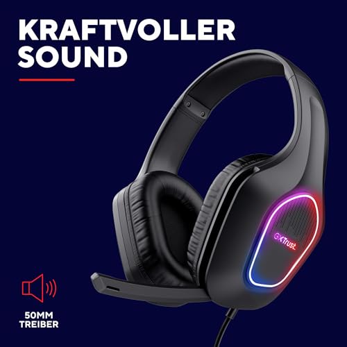 Trust Gaming GXT 419 Rayne Leichtes Gaming Headset für PC/Konsole, USB-betriebene LED Beleuchtung, 50-mm-Treiber, 3,5 mm Audioanschluss, Over-Ear Kopfhörer mit Kabel Computer Laptop, Schwarz Bild 6