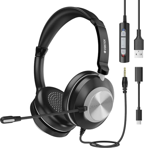 Voistek USB Headset mit Mikrofon für Laptop PC, Typ C-USB-3,5mm Jack, Wired On-Ear Kopfhörer mit Geräuschunterdrückung und Lautstärkeregler für Callcenter, Skype, Zoom, Home Office, Online-Kurse Bild 1