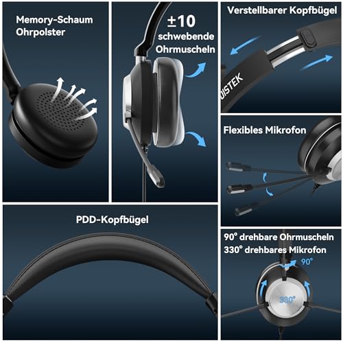 Voistek USB Headset mit Mikrofon für PC & Laptop, 3-in-1 (Typ C/USB-A/3,5mm), On-Ear Kabel Kopfhörer mit Geräuschunterdrückung & Lautstärkeregler für Büro, Callcenter, Zoom, Home Office, Online-Kurse Bild 5