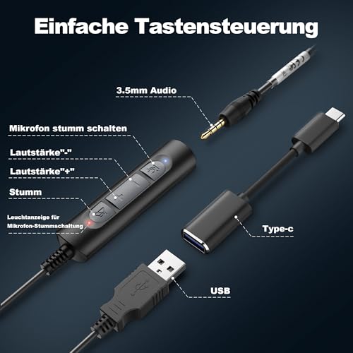 Voistek USB Headset mit Mikrofon für PC & Laptop, 3-in-1 (Typ C/USB-A/3,5mm), On-Ear Kabel Kopfhörer mit Geräuschunterdrückung & Lautstärkeregler für Büro, Callcenter, Zoom, Home Office, Online-Kurse Bild 6