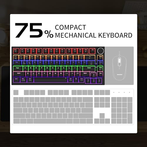 Newmen GM326 Mechanische Tastatur mit Kabel,Gaming Tastatur 75 Prozent,TKL Hot Swap LED Beleuchtung USB C Mini Mechanische Tastaturen mit Knopf,für PC/Win/Mac,QWERTY Layout,Schwarz,Rote Schalter Bild 4