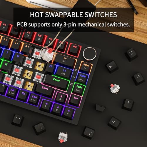 Newmen GM326 Mechanische Tastatur mit Kabel,Gaming Tastatur 75 Prozent,TKL Hot Swap LED Beleuchtung USB C Mini Mechanische Tastaturen mit Knopf,für PC/Win/Mac,QWERTY Layout,Schwarz,Rote Schalter Bild 5