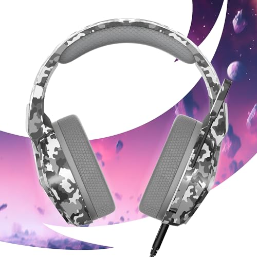 Oniverse Gaming Headset kompatibel mit PS5, PS4, Switch, Xbox, PC mit verstellbarem Mikrofon, LED, Lautsprecher 50 mm, Ohrpolster aus atmungsaktivem Stoff – kabelgebundenes Gaming Headset Nebula Grau Bild 3