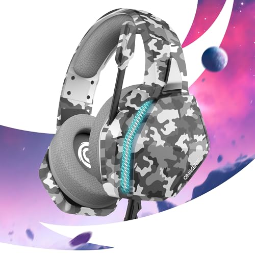Oniverse Gaming Headset kompatibel mit PS5, PS4, Switch, Xbox, PC mit verstellbarem Mikrofon, LED, Lautsprecher 50 mm, Ohrpolster aus atmungsaktivem Stoff – kabelgebundenes Gaming Headset Nebula Grau Bild 5