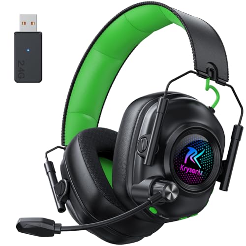 Krysenix KGH2 Gaming Headset Wireless für PS4, PS5, PC, Mac, Switch, 2.4GHz Faltbares Kabelloses Headset mit Mikrofon&LED, 40H Akkulaufzeit, Schwarz Grün Bild 1