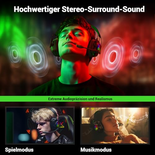 Krysenix KGH2 Gaming Headset Wireless für PS4, PS5, PC, Mac, Switch, 2.4GHz Faltbares Kabelloses Headset mit Mikrofon&LED, 40H Akkulaufzeit, Schwarz Grün Bild 3