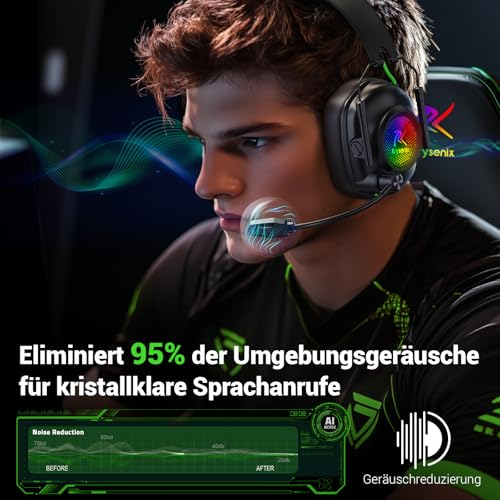 Krysenix KGH2 Gaming Headset Wireless für PS4, PS5, PC, Mac, Switch, 2.4GHz Faltbares Kabelloses Headset mit Mikrofon&LED, 40H Akkulaufzeit, Schwarz Grün Bild 4