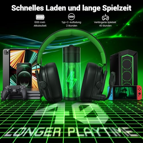 Krysenix KGH2 Gaming Headset Wireless für PS4, PS5, PC, Mac, Switch, 2.4GHz Faltbares Kabelloses Headset mit Mikrofon&LED, 40H Akkulaufzeit, Schwarz Grün Bild 5