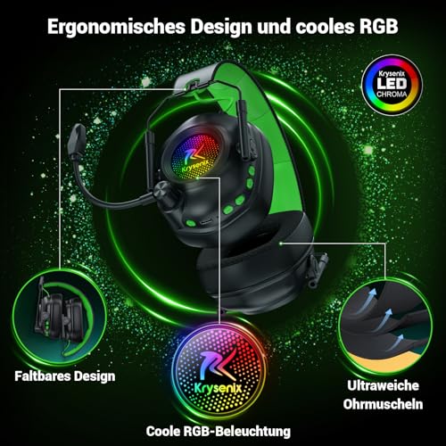 Krysenix KGH2 Gaming Headset Wireless für PS4, PS5, PC, Mac, Switch, 2.4GHz Faltbares Kabelloses Headset mit Mikrofon&LED, 40H Akkulaufzeit, Schwarz Grün Bild 6