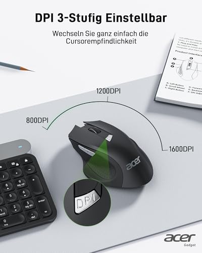 Acer PC Maus Kabellos, Ergonomische Funkmaus mit 800/1200/1600 DPI Einstellbar, 2,4 GHz mit USB-Empfänger, 6 Tasten Batteriebetrieben Kompatibel mit PC, Laptop und MacBook Bild 3