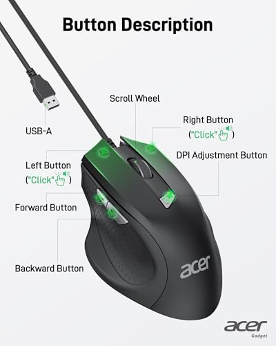 Acer PC-Maus mit Kabel, 3200 DPI Einstellbar, 4 DPI-Stufen 6 Tasten, Ergonomische USB Funkmaus für Laptop, Mac und Chromebook, Plug & Play mit 1.5m Kabel Bild 4