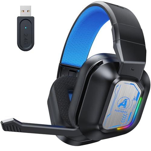 PH4 Wireless Gaming Headset mit Mikrofon, 2,4 GHz Gaming Kopfhörer für PS5, PS4, PC, Switch, Mac, Faltbarer Geräuschunterdrückung Bluetooth Kopfhörer mit LED Licht, Schwarz Blau Bild 1