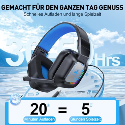 PH4 Wireless Gaming Headset mit Mikrofon, 2,4 GHz Gaming Kopfhörer für PS5, PS4, PC, Switch, Mac, Faltbarer Geräuschunterdrückung Bluetooth Kopfhörer mit LED Licht, Schwarz Blau Bild 2