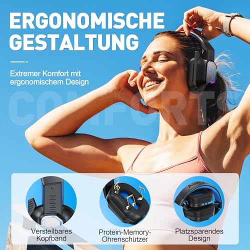 PH4 Wireless Gaming Headset mit Mikrofon, 2,4 GHz Gaming Kopfhörer für PS5, PS4, PC, Switch, Mac, Faltbarer Geräuschunterdrückung Bluetooth Kopfhörer mit LED Licht, Schwarz Blau Bild 6