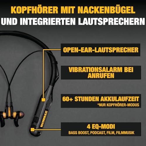 DEWALT Heavy Duty Black Edition 2-in-1 Bluetooth Nackenbügel-Kopfhörer mit Lautsprecher, kabelloses Headset für Baustelle, 60+ Std. Laufzeit, IP56, Freisprechen, inkl. Tragetasche Bild 2