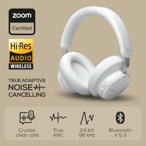 AKG N9 Hybrid Over-Ear Kopfhörer – Kabeloser kristallklarer Sound, True Adaptive Noise Cancelling, Zoom-zertifizierte Anrufqualität, 100h Akkulaufzeit, Bluetooth, USB-C, weiß Bild 2