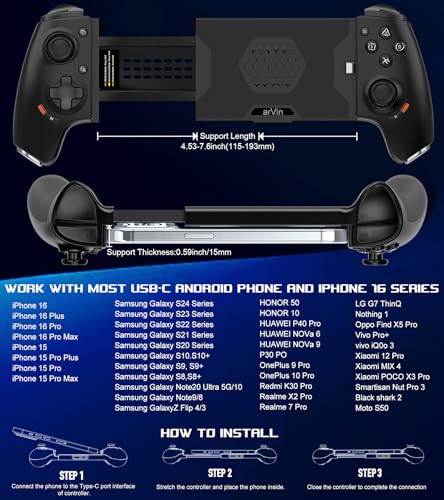 arVin Mobiler Gamepad-Controller für Android und iPhone 16/15 Serie (USB-C), unterstützt App-Tastenzuordnung, 3,5 mm Headset-Anschluss, Turbo, Makro-Taste, Hall-Joysticks, Cloud-Gaming, Streaming auf Bild 4