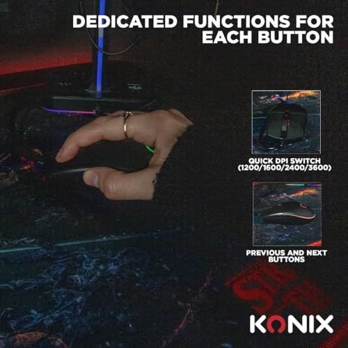 Konix Kabelgebundene Gaming-Maus Arcane 70 g für PC - 4 DPI-Stufen - Gummibeschichtung - Geflochtenes Kabel - Regenbogen-LED-Beleuchtung - Schwarz Bild 4