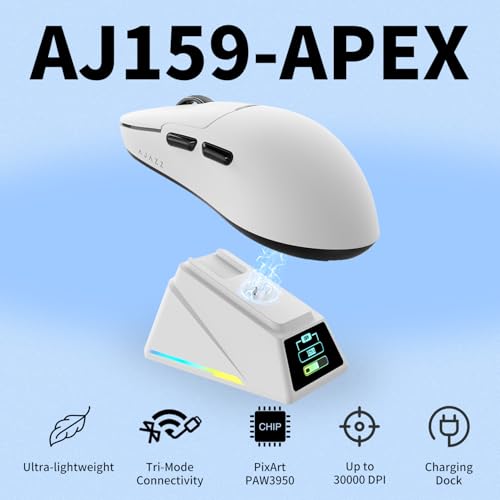 AJAZZ AJ159 APEX Wireless Gaming Mouse with RGB Magnetic Charging Base, Lightweight 56 Gram Design, 2.4G/USB-C/BT, 400 mAh Battery, 42K DPI, 8000Hz Response Rate, Compatible with PC and Mac, White Bild 2
