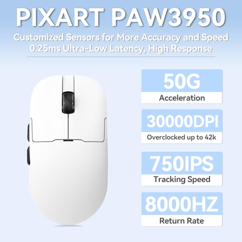 AJAZZ AJ159 APEX Wireless Gaming Mouse with RGB Magnetic Charging Base, Lightweight 56 Gram Design, 2.4G/USB-C/BT, 400 mAh Battery, 42K DPI, 8000Hz Response Rate, Compatible with PC and Mac, White Bild 5
