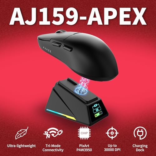 AJAZZ AJ159 APEX Wireless Gaming Mouse with RGB Magnetic Charging Base, Lightweight 56 Gram Design, 2.4G/USB-C/BT, 400 mAh Battery, 42K DPI, 8000Hz Response Rate, Compatible with PC and Mac, Black Bild 2