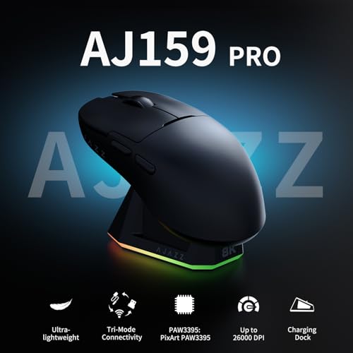 AJAZZ AJ159 PRO Wireless Gaming Mouse, Equipped with PAW3395 Sensor and Magnetic Base, 26K DPI, 2.4G/USB-C/BT Support, 400 mAh Battery, Lightweight 56 Gram Design, RGB Backlighting Effects, Black Bild 2