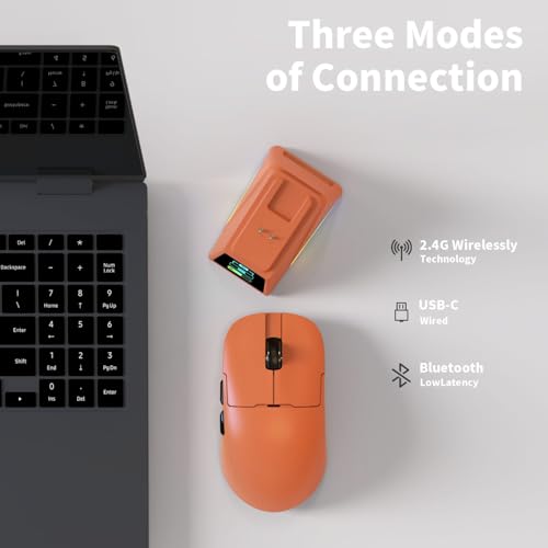 AJAZZ AJ159 APEX Wireless Gaming Mouse with RGB Magnetic Charging Base, Lightweight 56 Gram Design, 2.4G/USB-C/BT, 400 mAh Battery, 42K DPI, 8000Hz Response Rate, Compatible with PC and Mac, Orange Bild 3