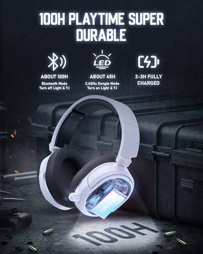 Wireless Gaming Headset, 7.1 Surround Sound, 2.4GHz USB Gaming Kopfhörer mit Bluetooth 5.4, 100H Akku, ENC Noise Canceling Mic, RGB Licht, Wireless Headset für PC PS5 PS4 Mac Switch (Schwarz-Weiß) Bild 4
