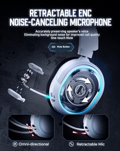 Wireless Gaming Headset, 7.1 Surround Sound, 2.4GHz USB Gaming Kopfhörer mit Bluetooth 5.4, 100H Akku, ENC Noise Canceling Mic, RGB Licht, Wireless Headset für PC PS5 PS4 Mac Switch (Schwarz-Weiß) Bild 5