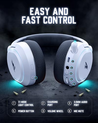 Wireless Gaming Headset, 7.1 Surround Sound, 2.4GHz USB Gaming Kopfhörer mit Bluetooth 5.4, 100H Akku, ENC Noise Canceling Mic, RGB Licht, Wireless Headset für PC PS5 PS4 Mac Switch (Schwarz-Weiß) Bild 7
