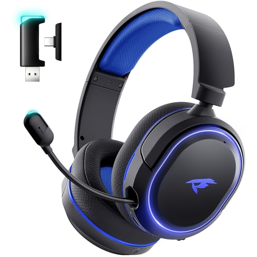 Wireless Gaming Headset, 7.1 Surround Sound, 2.4GHz USB Gaming Kopfhörer mit Bluetooth 5.4, 100H Akku, ENC Noise Canceling Mic, RGB Licht, Wireless Headset für PC PS5 PS4 Mac Switch (Schwarz-Blau) Bild 1