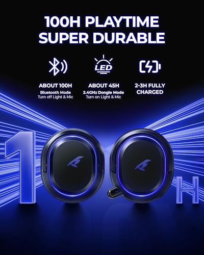 Wireless Gaming Headset, 7.1 Surround Sound, 2.4GHz USB Gaming Kopfhörer mit Bluetooth 5.4, 100H Akku, ENC Noise Canceling Mic, RGB Licht, Wireless Headset für PC PS5 PS4 Mac Switch (Schwarz-Blau) Bild 3