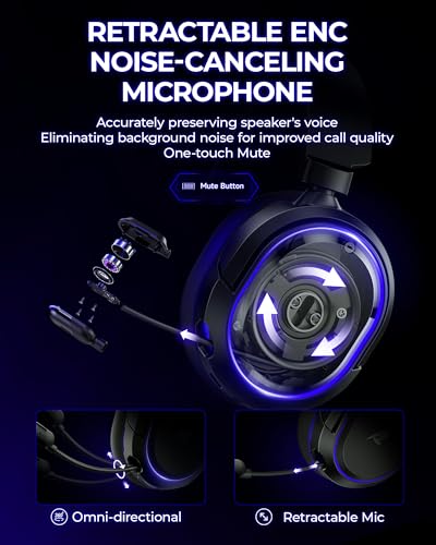Wireless Gaming Headset, 7.1 Surround Sound, 2.4GHz USB Gaming Kopfhörer mit Bluetooth 5.4, 100H Akku, ENC Noise Canceling Mic, RGB Licht, Wireless Headset für PC PS5 PS4 Mac Switch (Schwarz-Blau) Bild 5