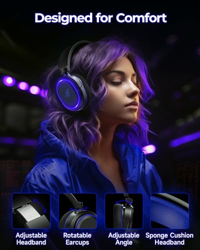 Wireless Gaming Headset, 7.1 Surround Sound, 2.4GHz USB Gaming Kopfhörer mit Bluetooth 5.4, 100H Akku, ENC Noise Canceling Mic, RGB Licht, Wireless Headset für PC PS5 PS4 Mac Switch (Schwarz-Blau) Bild 6