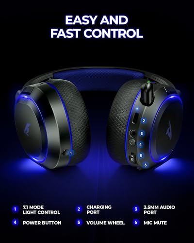 Wireless Gaming Headset, 7.1 Surround Sound, 2.4GHz USB Gaming Kopfhörer mit Bluetooth 5.4, 100H Akku, ENC Noise Canceling Mic, RGB Licht, Wireless Headset für PC PS5 PS4 Mac Switch (Schwarz-Blau) Bild 7