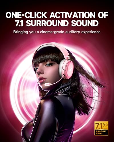 Wireless Gaming Headset, 7.1 Surround Sound, 2.4GHz USB Gaming Kopfhörer mit Bluetooth 5.4, 100H Akku, ENC Noise Canceling Mic, RGB Licht, Wireless Headset für PC PS5 PS4 Mac Switch (Weiß-Rosa) Bild 2