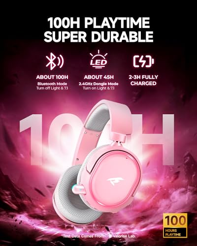 Wireless Gaming Headset, 7.1 Surround Sound, 2.4GHz USB Gaming Kopfhörer mit Bluetooth 5.4, 100H Akku, ENC Noise Canceling Mic, RGB Licht, Wireless Headset für PC PS5 PS4 Mac Switch (Weiß-Rosa) Bild 3