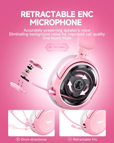 Wireless Gaming Headset, 7.1 Surround Sound, 2.4GHz USB Gaming Kopfhörer mit Bluetooth 5.4, 100H Akku, ENC Noise Canceling Mic, RGB Licht, Wireless Headset für PC PS5 PS4 Mac Switch (Weiß-Rosa) Bild 5